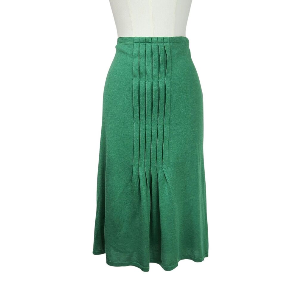 Nove Marzo Green Silk Cashmere Pleated Knit Midi A-Line Skirt US 10/EU 40 Luxury